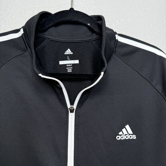 Adidas Golf Jacket 3 Stripe Black Full Zip Mens Large UPF50 - Picture 2 of 3